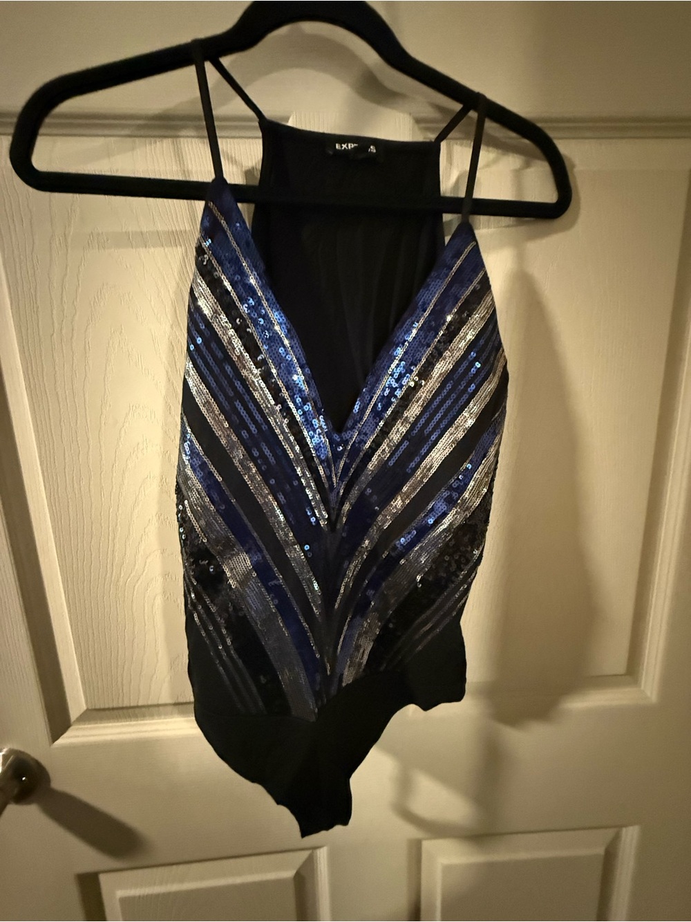 Express Black Bodysuit with Blue and Silver Sequin Stripes